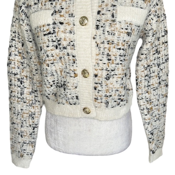 NEW Freshman 1996 Cream Tweed Fuzzy Knit Gold Crested Button Crop Cardigan - S - Picture 4 of 12